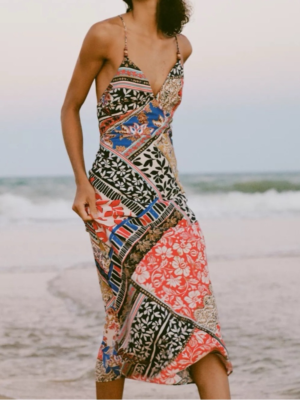 Zara Patchwork Floral Paisley Strappy Midi Maxi Slip Dress XL Beaded Boho